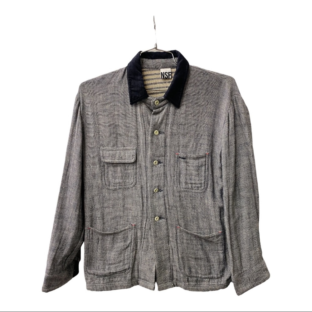 NSF MEN'S WOVEN INDIGO CHORE JACKET.  LIGHTWEIGHT MELANGE / MENSWEAR STREETWEAR